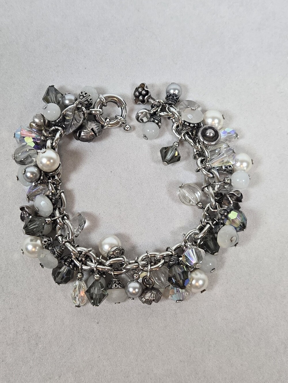 Silver-Tone Pearl & Crystal Charm Bracelet - White and Gray